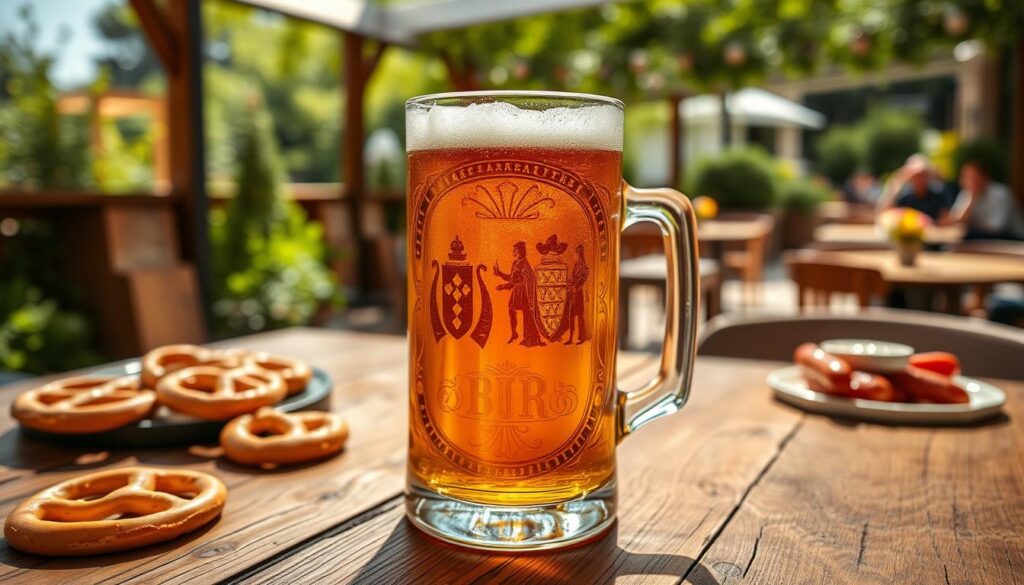 Traditioneller Maßkrug mit einem Liter Bier gefüllt