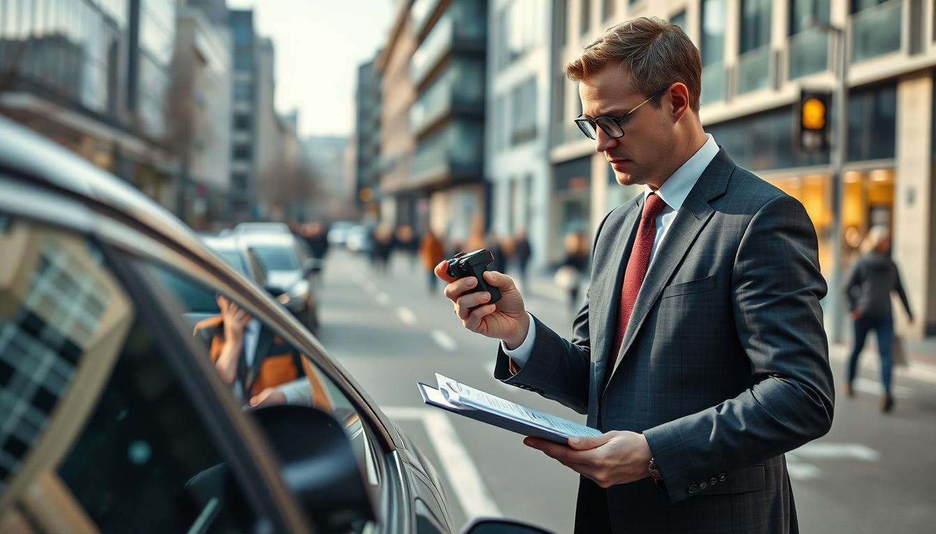 Professioneller Unfallgutachter dokumentiert Unfallschaden am Fahrzeug