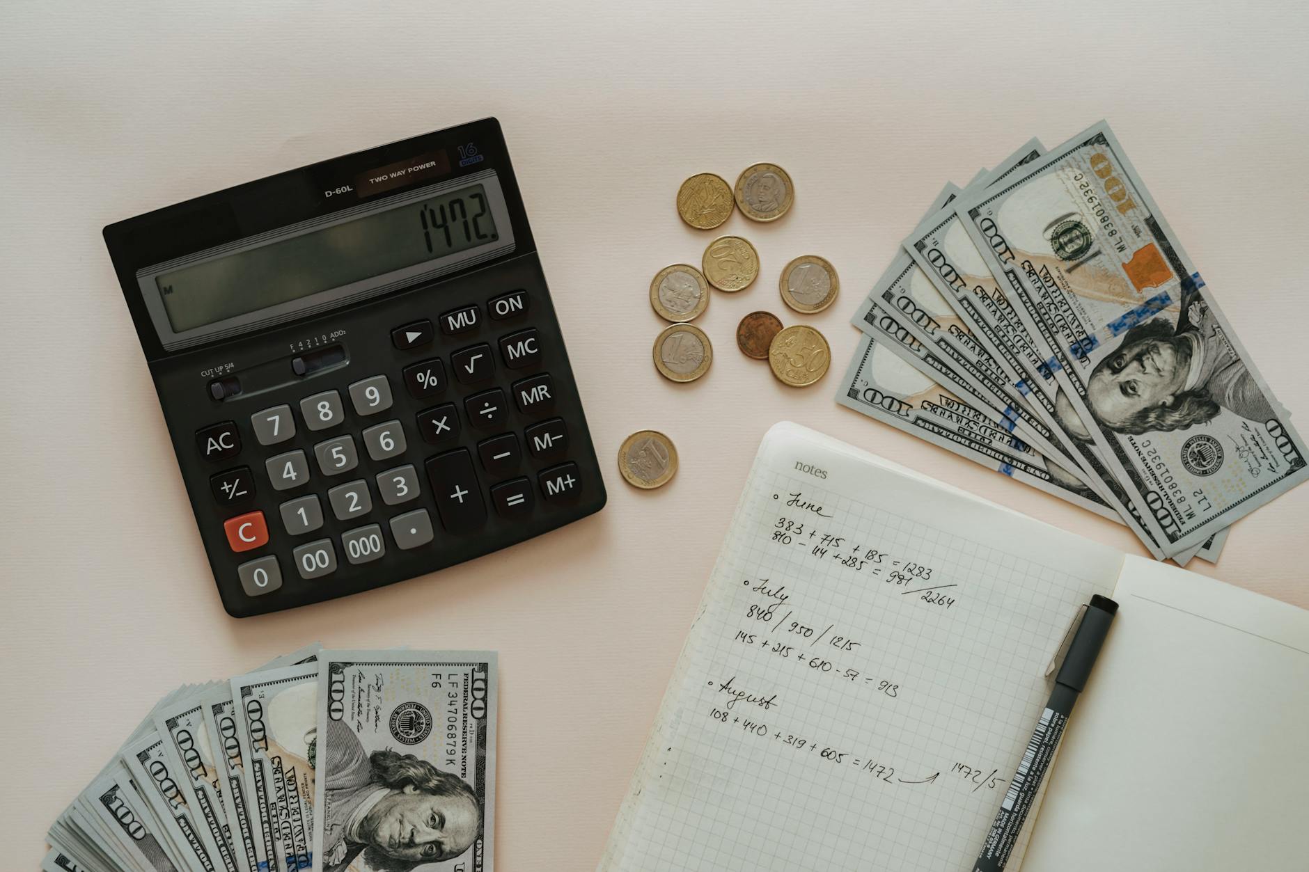 Flat lay of calculator, cash, coins, and handwritten notes for budget planning.