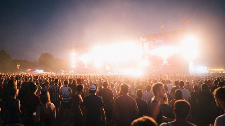 Symbolbild zur Asylunterkunft auf dem Pinkpop-Gelände: Festivalpublikum vor einer beleuchteten Open-Air-Bühne bei Nacht, keine Aufnahme der Unterkunft oder von Pinkpop